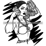 Black And White Goddess Vector Hustle And Pray Design Element  Holding Bundle Money Use Phone Short Curly Hair Woman BW Background Design SVG JPG PNG Vector Clipart Cricut Cutting Files