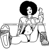 Sexy Afro Woman Sitting Vector African Woman Wearing Bikini Hottest Dress Afro Hair Design Element Black And White Color BW SVG JPG PNG Vector Clipart Cricut Cutting Files