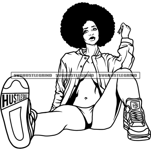 Sexy Afro Woman Sitting Vector African Woman Wearing Bikini Hottest Dress Afro Hair Design Element Black And White Color BW SVG JPG PNG Vector Clipart Cricut Cutting Files