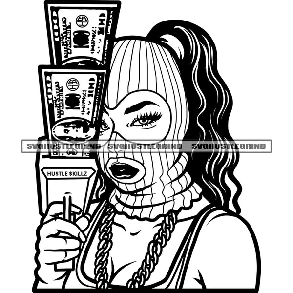 Gangster Woman Shutting Money Dollar Bill Ski Mask Badass Vector Melanin Nubian Background Hipster Ghetto Black White BW SVG JPG PNG Vector Clipart Cricut Cutting Files