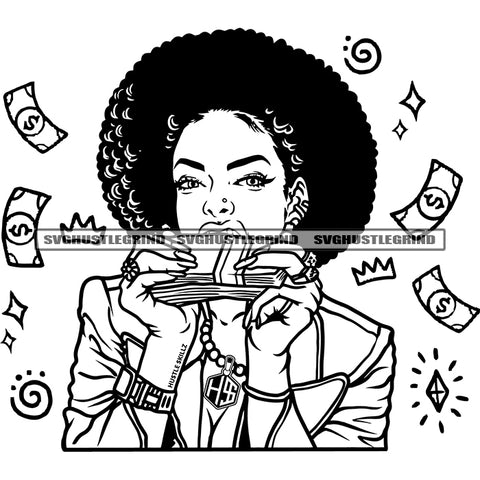 Afro Woman Holding Money Bundle On Mouth Vector Afro Hair Style Money Dripping Background Crown Symbol Black White Color BW SVG JPG PNG Vector Clipart Cricut Cutting Files