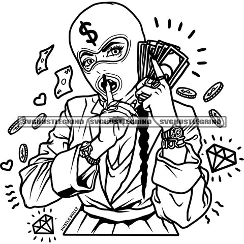 Afro Woman Wearing Musk And Holding Money Vector Shut Up Hand Sign Long Nail Dimond And Bitcoin Dripping Black White BW SVG JPG PNG Vector Clipart Cricut Cutting Files