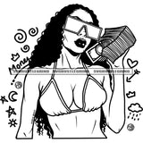Afro Sexy Woman Wearing Sunglass And Bikini Vector Holding Money Bundle Design Element Black And White BW Curly Hair SVG JPG PNG Vector Clipart Cricut Cutting Files