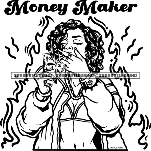 Money Maker Quote Afro Woman Smoke Vector African Girl Holding Cash Wearing Bikini Symbol Close Eyes Design Element Black And White BW SVG JPG PNG Vector Clipart Cricut Cutting Files