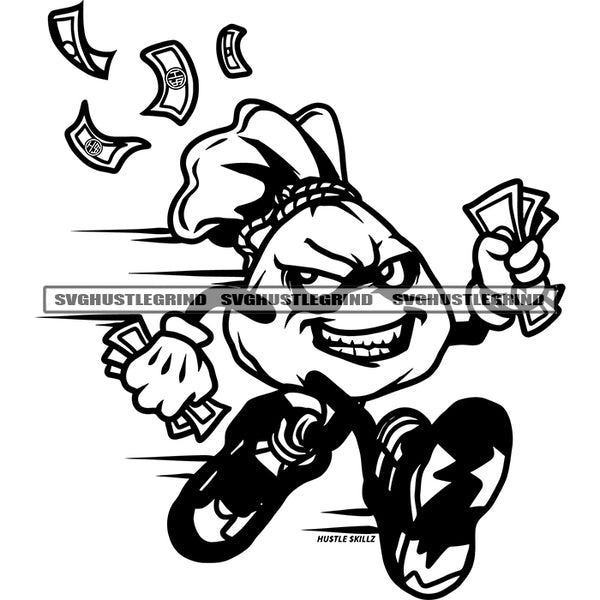 Smile Face Money Bag Cartoon Character Running Vector Money Bag Holding Money Design Element Money Dripping Black And White BW SVG JPG PNG Vector Clipart Cricut Cutting Files