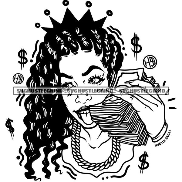 Afro Woman Holding Money Vector African Woman Smile Face Wearing Chain Curly Long Hair Design Element Crown Symbol Dollar Sign Black White Color BW SVG JPG PNG Vector Clipart Cricut Cutting Files