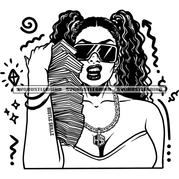 Afro Gangster Woman Holding Money Bundle Vector Wearing Sunglass Black White Color BW African Woman Angry Face Symbol SVG JPG PNG Vector Clipart Cricut Cutting Files