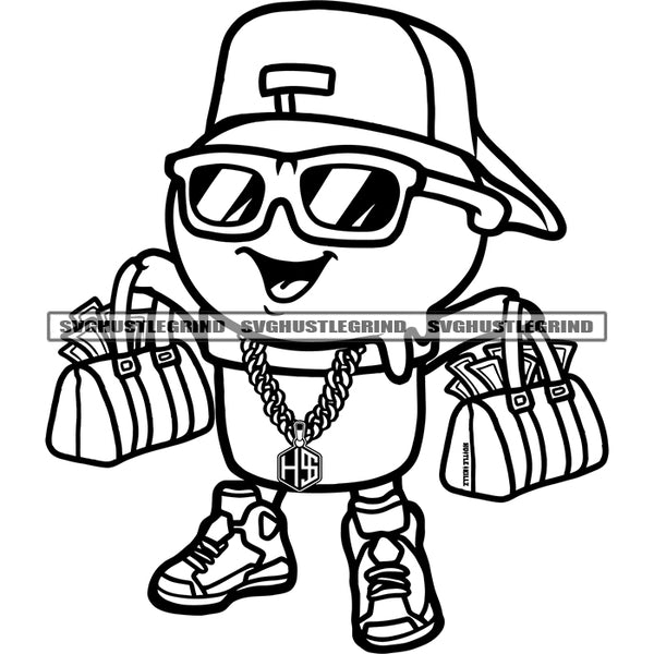 Black And White Goddess Vector Hustle and Pray BW Funny Cartoon Character Smile Face Wearing Sunglass And Cap Design Element Holding Money Bag Gangster Teddy SVG JPG PNG Vector Clipart Cricut Cutting Files