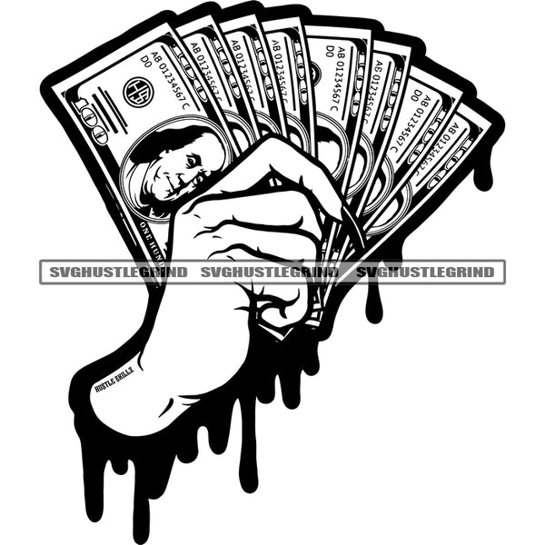 Woman Hand Holding Money Cash 100 Dollar Note Vector Color Dripping Design Element Black And White BW Girl Hand Long Nail SVG JPG PNG Vector Clipart Cricut Cutting Files