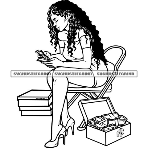 Afro Woman Sitting On Chair Holding Money Vector Curly Long Hair Design Element Woman Wearing Club Dress Money Box On Floor Black And White Color BW SVG JPG PNG Vector Clipart Cricut Cutting Files