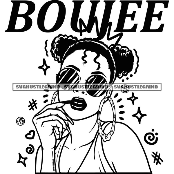 Boujee Quote Afro Women Sexy Pose Short Curly Hair African Girl Wearing Sunglass Long Nail Design Element Symbol Black And White BW SVG JPG PNG Vector Clipart Cricut Cutting Files