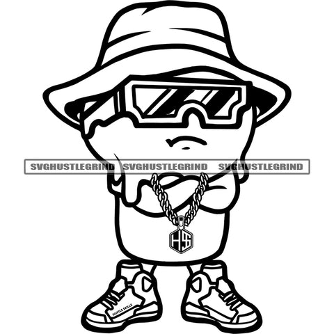 Funny Cartoon Character Standing Vector Wearing Cap And Sunglass Design Element Dripping Skin Black And White BW SVG JPG PNG Vector Clipart Cricut Cutting Files