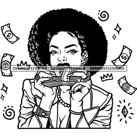Afro Black Woman Holding Money Bundle Vector Bite Money Cash Dripping Design Element Attitude Queen Afro Hair Style Black And White BW SVG JPG PNG Vector Clipart Cricut Cutting Files