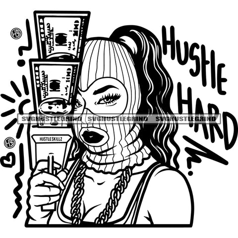 Hustle Hard Quote Afro Woman Holding Money Gun Vector African Woman Wearing Musk Curly Long Hair Design Element Black And White BW Gangster Woman SVG JPG PNG Vector Clipart Cricut Cutting Files