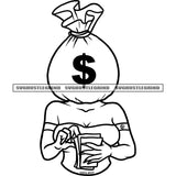 Funny Cartoon Character Money Bag Head Vector Sexy Woman Holding Money Bundle Black And White BW Fitness Woman SVG JPG PNG Vector Clipart Cricut Cutting Files