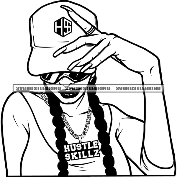 Beautiful Woman Wearing Hat And Sunglass Vector Long Nail Holding Hat Gangster Woman Black And White Hair Design Element SVG JPG PNG Vector Clipart Cricut Cutting Files
