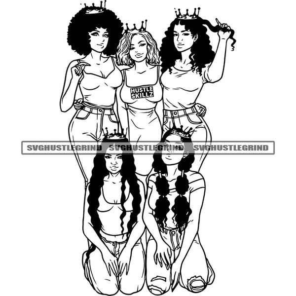Afro Woman Together Sitting And Standing Black And White Afro Hair Style Both Crown On Head BW Beautiful Girl SVG JPG PNG Vector Clipart Cricut Cutting Files