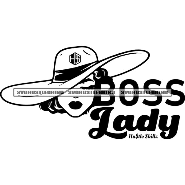 Boss Lady Quote Afro Woman Face Design Element Wearing Black And White Hat Vector BW Gangster Woman SVG JPG PNG Vector Clipart Cricut Cutting Files