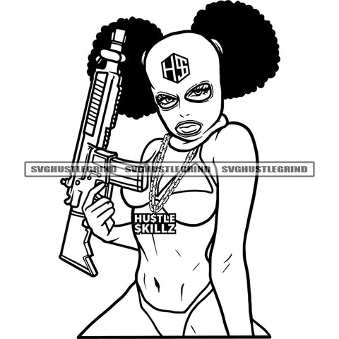 Afro Gangster Woman Wearing Musk Vector Sexy Woman Wearing Bikini Design Element Black And White Afro Hair Girl Holding Gun BW SVG JPG PNG Vector Clipart Cricut Cutting Files