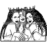 Three Afro Queens Together Sitting Best Friend Vector Crown On Head Black And White Curly Long Hair Design Element SVG JPG PNG Vector Clipart Cricut Cutting Files