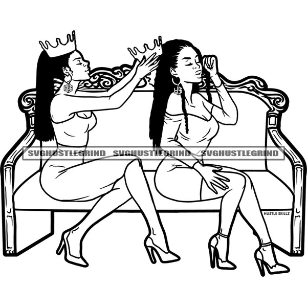 Best Friend Woman Sitting On Sofa Two Queens Black And White Girl Crown On Head BW Sexy Pose Design Element SVG JPG PNG Vector Clipart Cricut Cutting Files