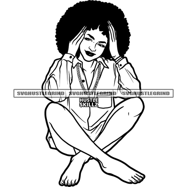 Boss Grind Afro Woman Sitting Position Vector Afro Hair Style Design Element African Woman Smile Face Black And White BW SVG JPG PNG Vector Clipart Cricut Cutting Files