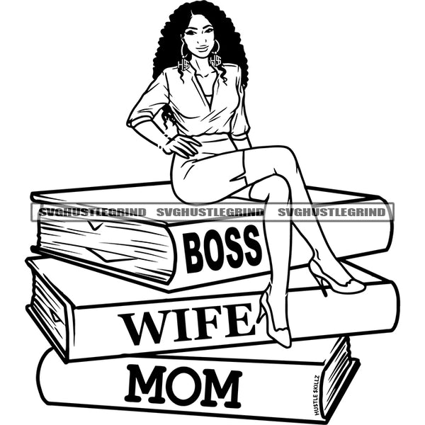 Boss Wife Mom Quote Afro Woman Sitting On Book Black And White Vector Curly Long Hair Design Element BW SVG JPG PNG Vector Clipart Cricut Cutting Files