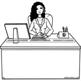Afro Boss Lady Sitting On Office Desk Black And White Design Element BW Curly Long Hair Smart Face Front Monitor SVG JPG PNG Vector Clipart Cricut Cutting Files