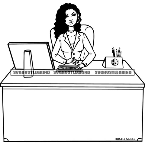 Afro Boss Lady Sitting On Office Desk Black And White Design Element BW Curly Long Hair Smart Face Front Monitor SVG JPG PNG Vector Clipart Cricut Cutting Files
