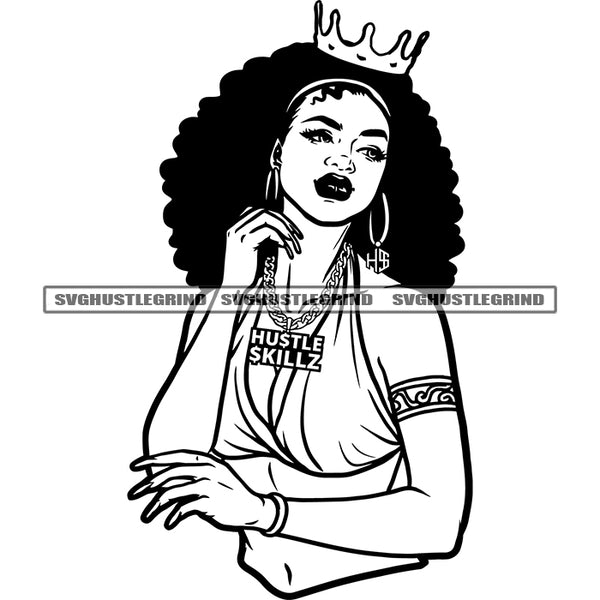 Afro Woman Sexy Pose Black And White Design Element Crown On Head Curly Long Hair Beautiful African Woman Face Design Wearing Bikini BW SVG JPG PNG Vector Clipart Cricut Cutting Files