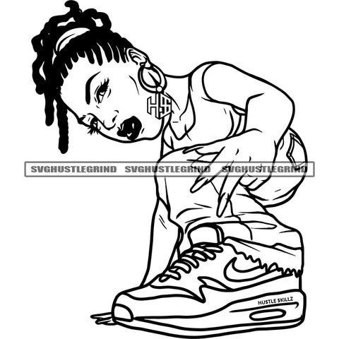 Female Dwarf Little Person Dreads Vector Locs Hair Style Sign Jeans Sneaker Kneeling Hoops Grind Black And White BW SVG JPG PNG Vector Clipart Cricut Cutting Files