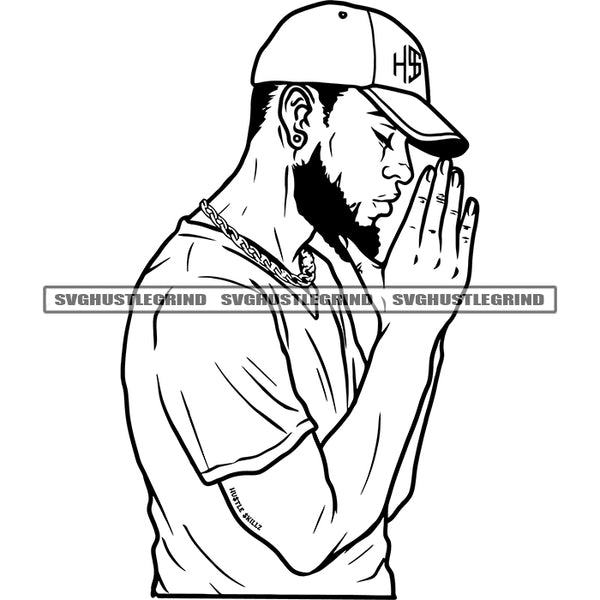 Man Praying Baseball Hat Prayers Pray God Bearded Black And White Designs Logo Designs Elements BW Hard Praying Hand SVG JPG PNG Vector Clipart Cricut Cutting Files