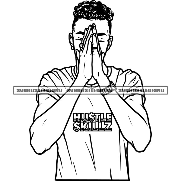 Afro Curly Hair Man Vector Hard Praying Design Element Wearing T-Shirt Black And White Pray God BW SVG JPG PNG Vector Clipart Cricut Cutting Files