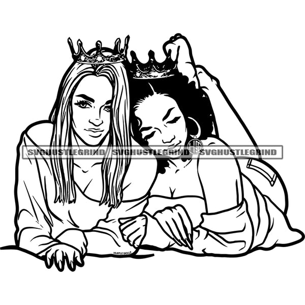 Two Queens Crowns Black White Woman Laying Down Feet Up Vector Leaning Friends Ladies BW Design Element SVG JPG PNG Vector Clipart Cricut Cutting Files