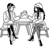 Best Friend Seated In Table Vector Afro Woman Holding Coffee Mug Black And White Color Curly Long Hair Design Element BW SVG JPG PNG Vector Clipart Cricut Cutting Files