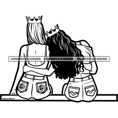 Best Friend Sitting On Table Romantic Couple Crown On Head Black And White Design Element Curly Hair BW SVG JPG PNG Vector Clipart Cricut Cutting Files
