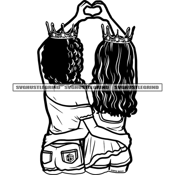 Afro Woman Sitting Together Vector Crown On Head Black And White Color Heart Sign On Hand Design Element BW Curly Hair SVG JPG PNG Vector Clipart Cricut Cutting Files
