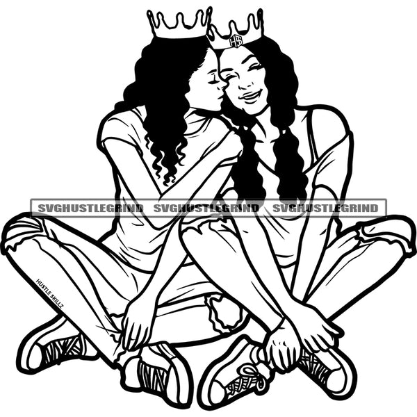 Two Girls Sitting On Floor Vector Crown On Head Black And White Color BW Curly Hair BW Smile Face Happy Time SVG JPG PNG Vector Clipart Cricut Cutting Files