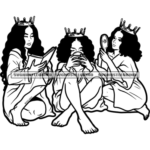 Three Queens Together Best Friends Queens Crown Support Love Sisters Sista's Buddies Black and White Designs Logo Designs Elements BW SVG JPG PNG Vector Clipart Cricut Cutting Files