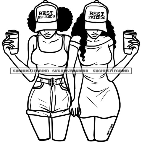 Sister Friends Taking Juice Vector Afro And Curly Hair Vector Sexy Dress African Woman Wearing Hat Black And White Color BW SVG JPG PNG Vector Clipart Cricut Cutting Files