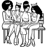 Best Friend Sitting On Bench Vector Crown On Head Design Element Afro Hair Sexy Pose Black And White Color Curly Hair BW SVG JPG PNG Vector Clipart Cricut Cutting Files