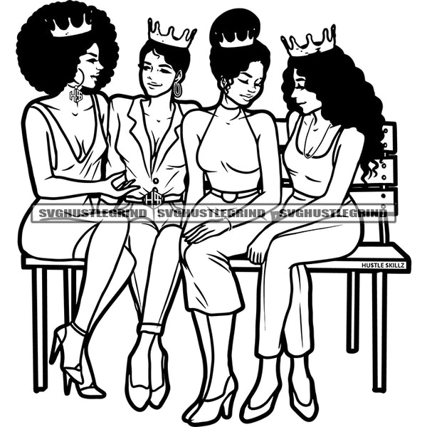 Best Friend Sitting On Bench Vector Crown On Head Design Element Afro Hair Sexy Pose Black And White Color Curly Hair BW SVG JPG PNG Vector Clipart Cricut Cutting Files