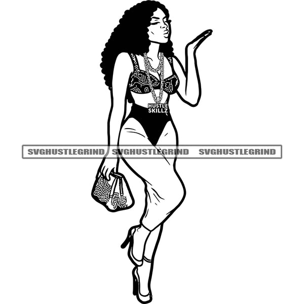 Afro Woman Diva Pretty Smart Girl Standing Vector Holding Bag Fly Kiss Design Element Curly Long Hair Black And White BW SVG JPG PNG Vector Clipart Cricut Cutting Files