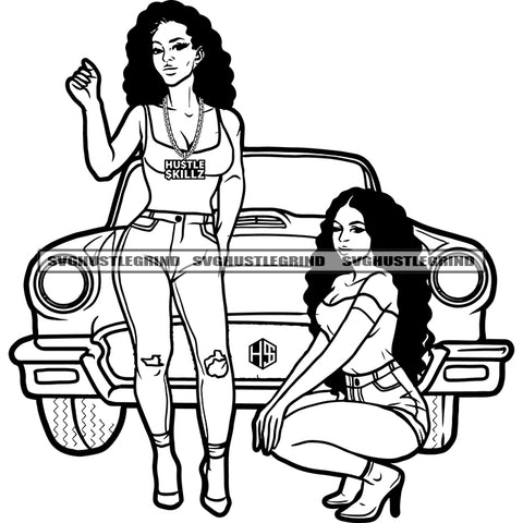Afro Beautiful Woman Sitting And Standing Car Front Vector Curly Long Hair Design Element Black And White Color BW SVG JPG PNG Vector Clipart Cricut Cutting Files