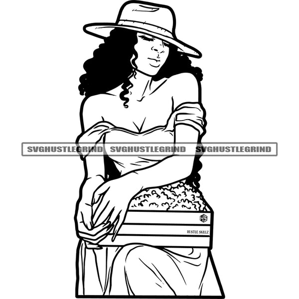 Afro Black Woman Sitting Design Element Holding Money Bag Vector Wearing Hat On Curly Hair Black White BW SVG JPG PNG Vector Clipart Cricut Cutting Files