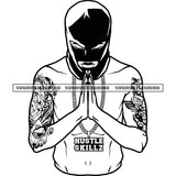 Gangster Man Hard Praying Vector Tattoo Hand Design Element Wearing Musk And Chain Black And White BW SVG JPG PNG Vector Clipart Cricut Cutting Files