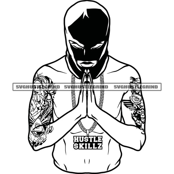 Gangster Man Hard Praying Vector Tattoo Hand Design Element Wearing Musk And Chain Black And White BW SVG JPG PNG Vector Clipart Cricut Cutting Files