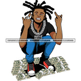Afro Gangster Man Sitting On Money Bundle Vector Locs Hair Style Middle Finger Hand Sign Dimond Teeth Design Element SVG JPG PNG Vector Clipart Cricut Cutting Files