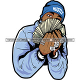 Afro Gangster Man Hide Face On Money Vector Hand Holding Money Wearing Cap And Dimond Ring Design Element White Background SVG JPG PNG Vector Clipart Cricut Cutting Files
