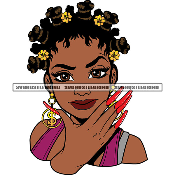 Afro Woman Smile Face Vector African Woman Long Nail Curly Hair Flower Band Vector Design Element White Background SVG JPG PNG Vector Clipart Cricut Cutting Files